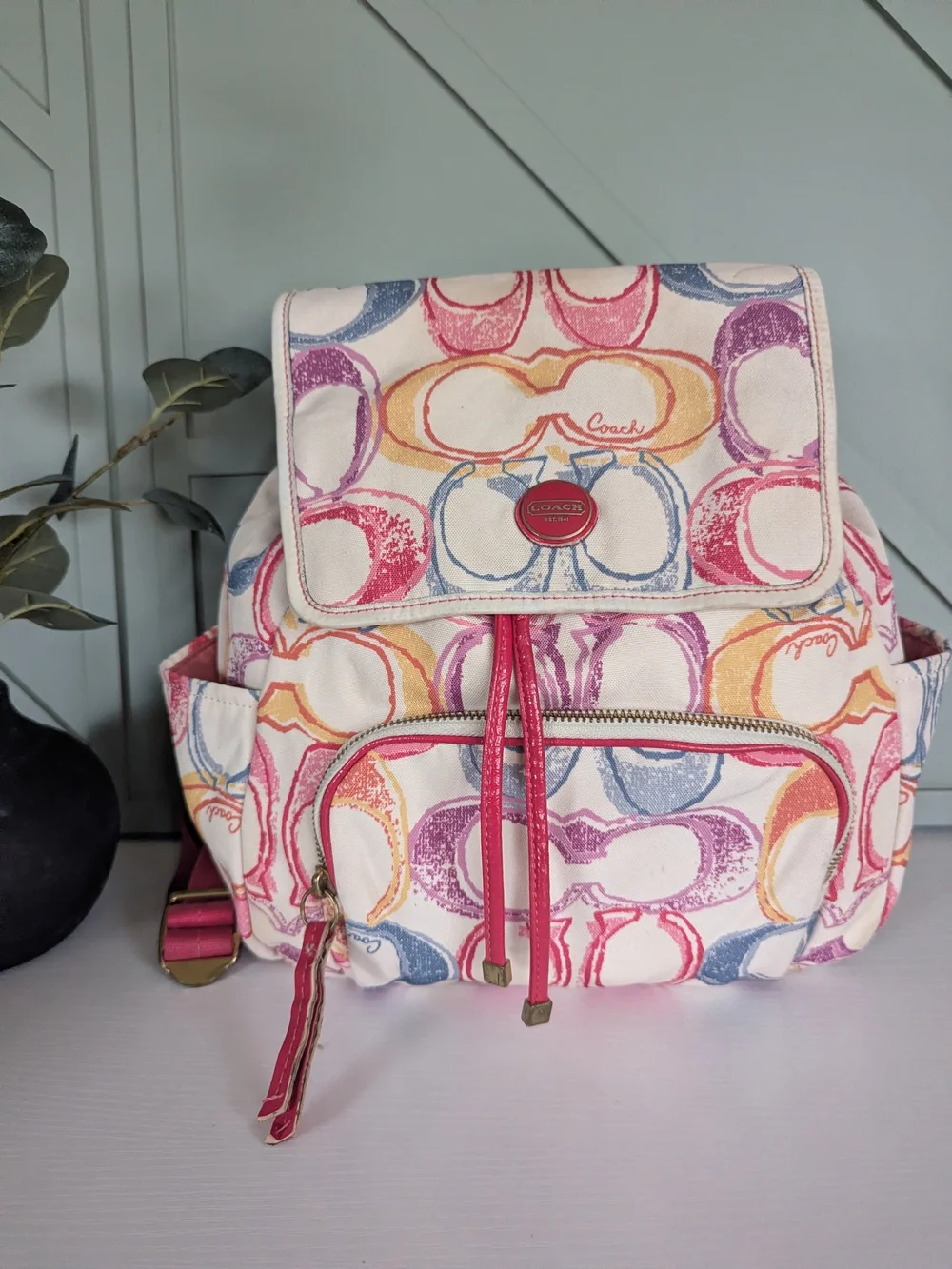Coach Multicolor Signature Canvas Backpack - Pink Accent
